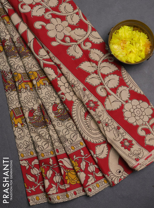 Kalamkari cotton saree beige and red with allover prints and printed border