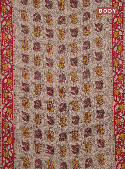 Kalamkari cotton saree beige and red with allover prints and printed border