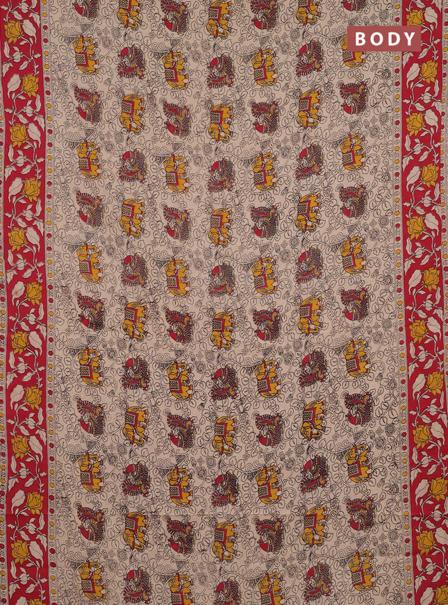 Kalamkari cotton saree beige and red with allover prints and printed border