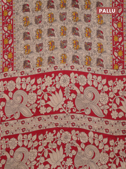 Kalamkari cotton saree beige and red with allover prints and printed border