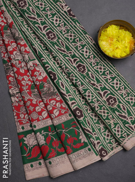 Kalamkari cotton saree red and green with allover prints and printed border