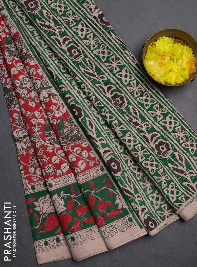 Kalamkari cotton saree red and green with allover prints and printed border