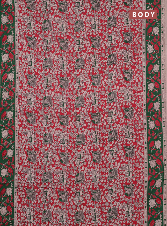 Kalamkari cotton saree red and green with allover prints and printed border
