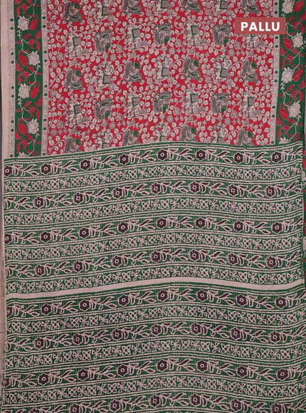 Kalamkari cotton saree red and green with allover prints and printed border