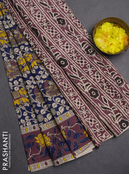 Kalamkari cotton saree blue and wine shade with allover prints and printed border