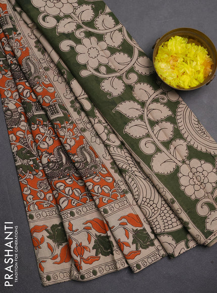 Kalamkari cotton saree orange and beige with allover prints and printed border