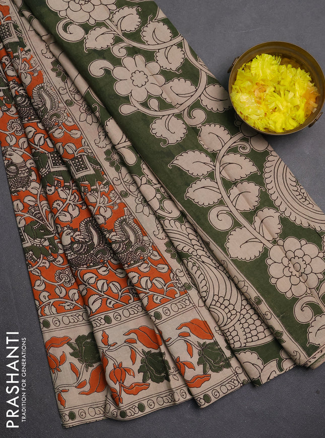 Kalamkari cotton saree orange and beige with allover prints and printed border