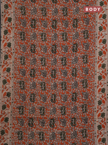 Kalamkari cotton saree orange and beige with allover prints and printed border