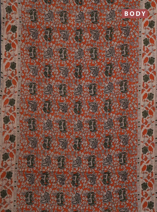 Kalamkari cotton saree orange and beige with allover prints and printed border