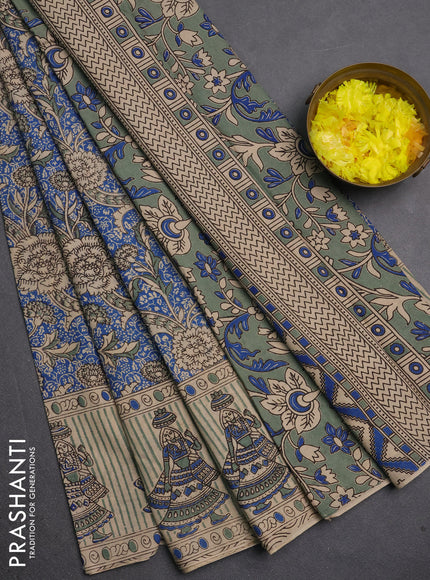 Kalamkari cotton saree blue and beige with allover prints and printed border