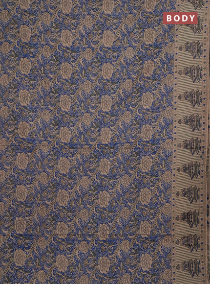 Kalamkari cotton saree blue and beige with allover prints and printed border