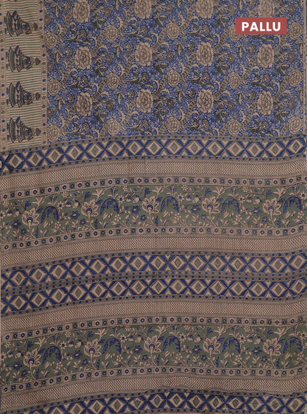 Kalamkari cotton saree blue and beige with allover prints and printed border