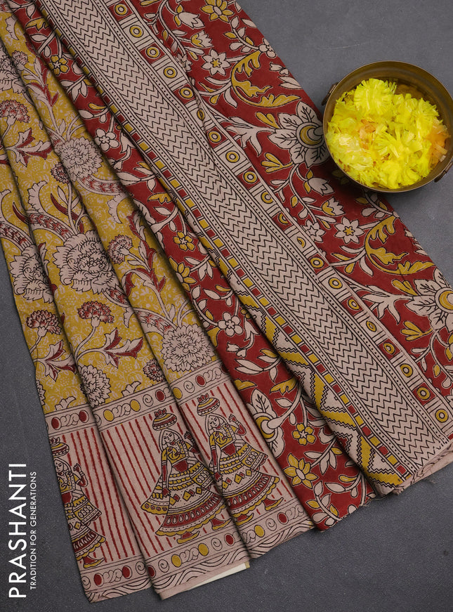 Kalamkari cotton saree mustard yellow and beige with allover prints and printed border