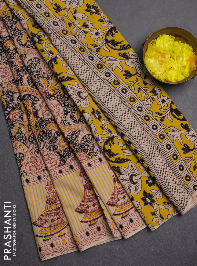 Kalamkari cotton saree black and beige with allover prints and printed border