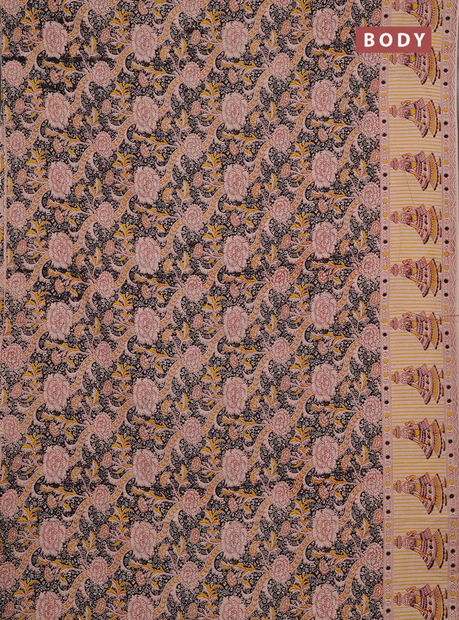 Kalamkari cotton saree black and beige with allover prints and printed border