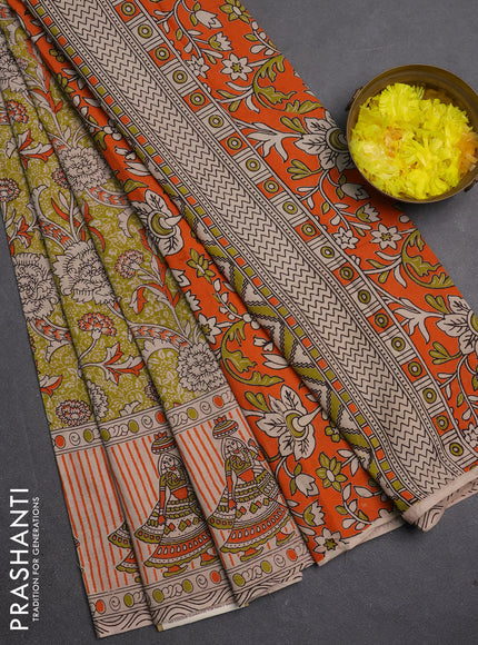 Kalamkari cotton saree green and beige with allover prints and printed border
