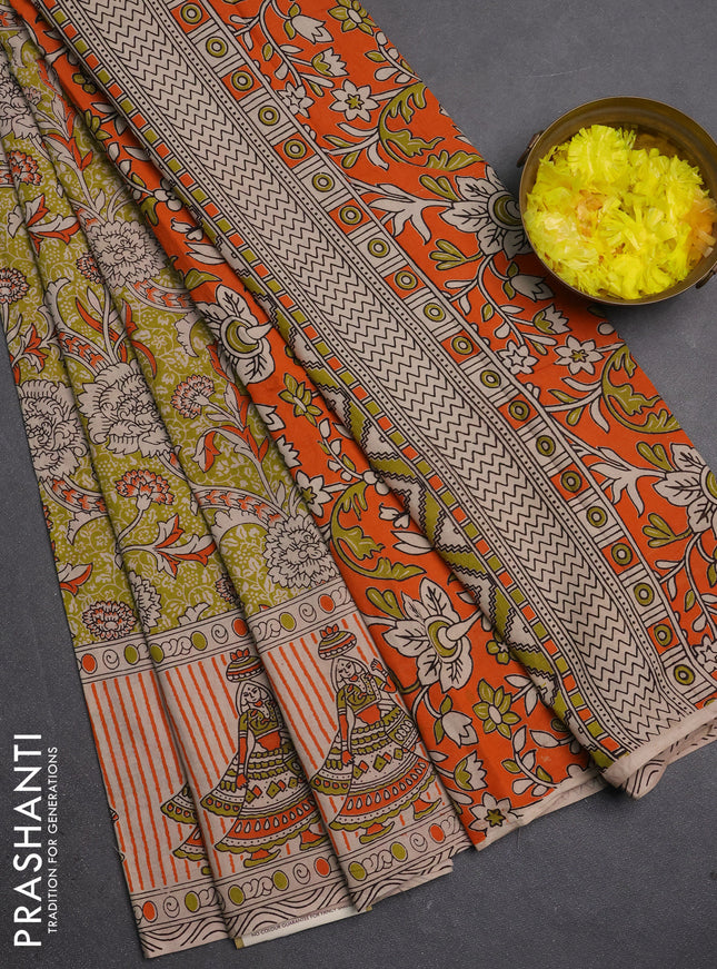 Kalamkari cotton saree green and beige with allover prints and printed border