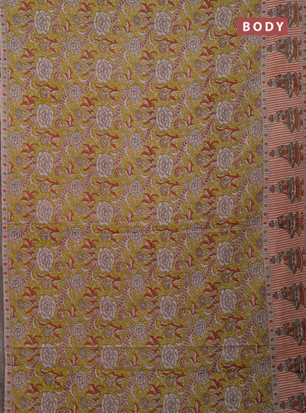 Kalamkari cotton saree green and beige with allover prints and printed border
