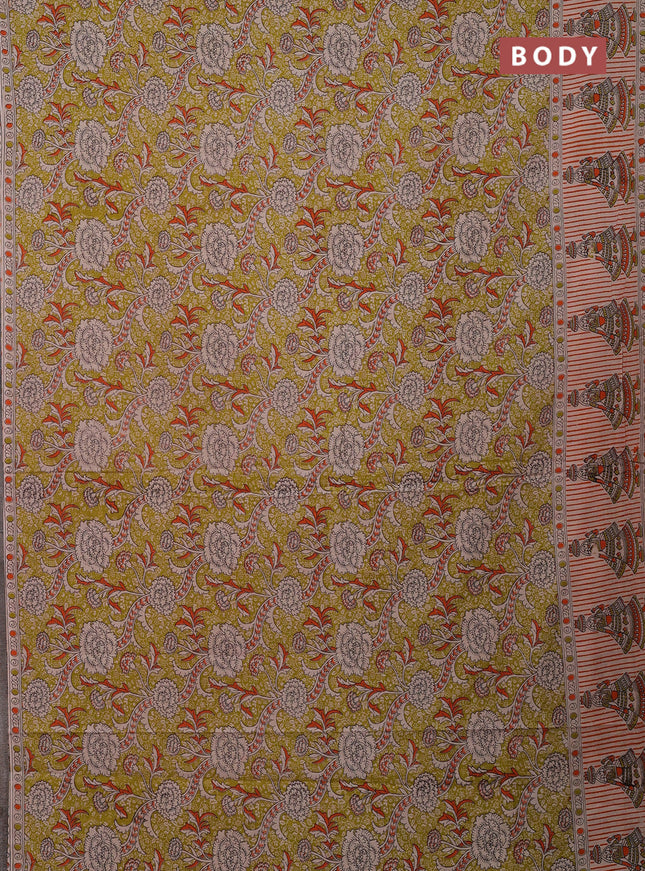 Kalamkari cotton saree green and beige with allover prints and printed border