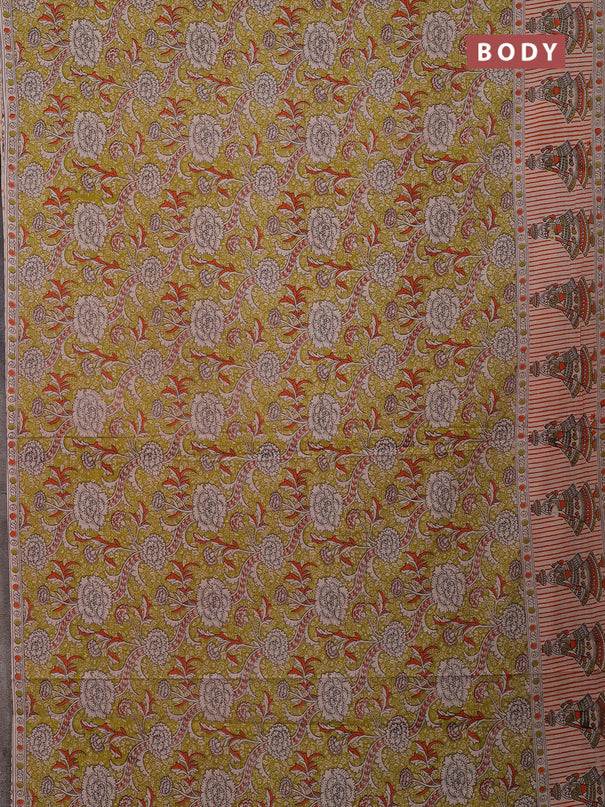 Kalamkari cotton saree green and beige with allover prints and printed border