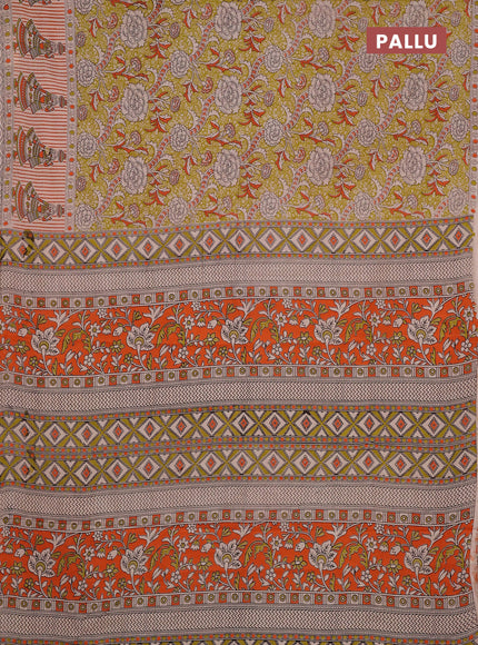 Kalamkari cotton saree green and beige with allover prints and printed border