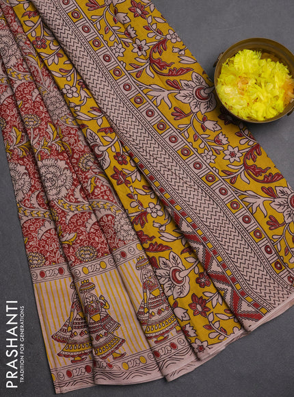 Kalamkari cotton saree maroon and beige with allover prints and printed border