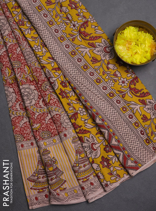 Kalamkari cotton saree maroon and beige with allover prints and printed border