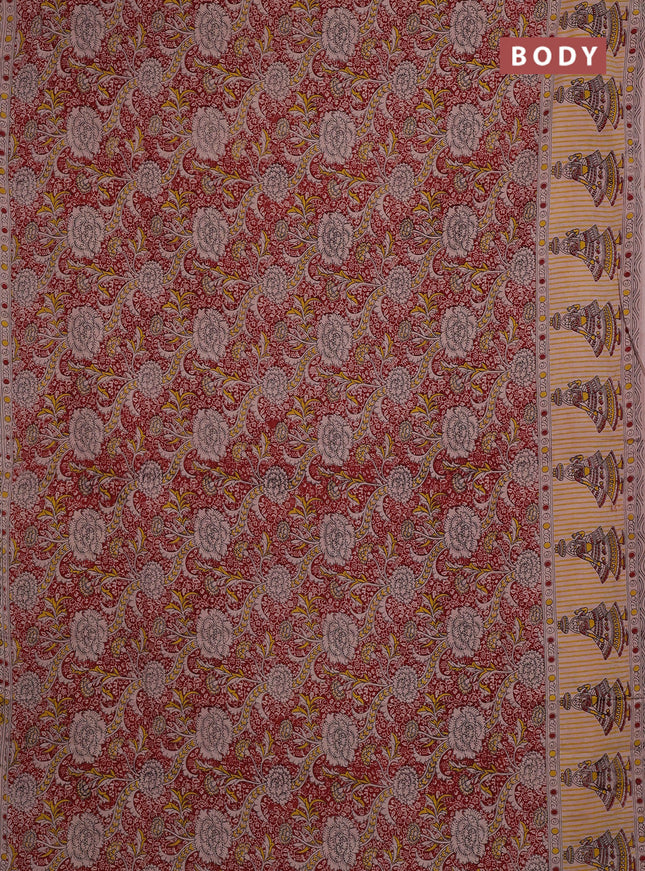 Kalamkari cotton saree maroon and beige with allover prints and printed border