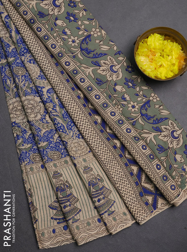 Kalamkari cotton saree blue and beige with allover prints and printed border