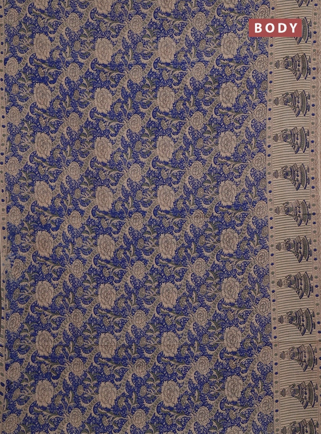 Kalamkari cotton saree blue and beige with allover prints and printed border