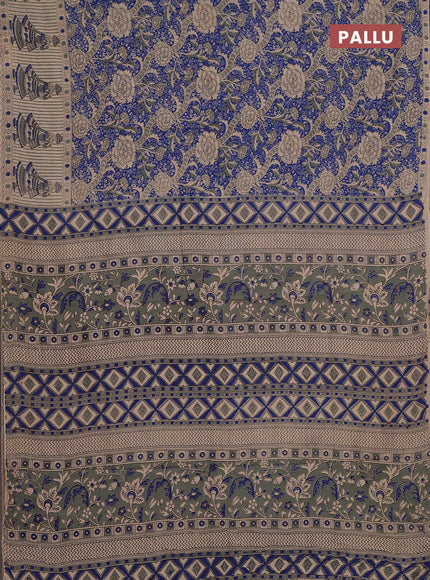 Kalamkari cotton saree blue and beige with allover prints and printed border