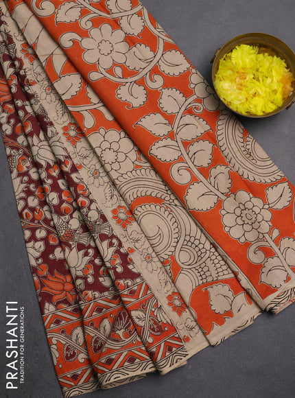 Kalamkari cotton saree maroon and orange with allover prints and printed border