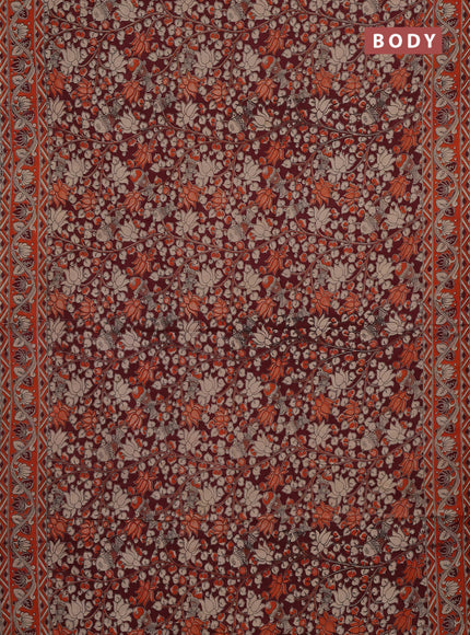 Kalamkari cotton saree maroon and orange with allover prints and printed border