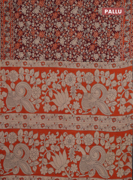Kalamkari cotton saree maroon and orange with allover prints and printed border