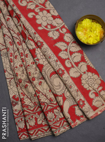 Kalamkari cotton saree beige and red with allover prints and printed border
