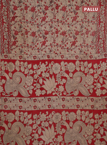 Kalamkari cotton saree beige and red with allover prints and printed border