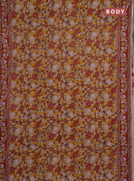 Kalamkari cotton saree mustard yellow and maroon with allover prints and printed border
