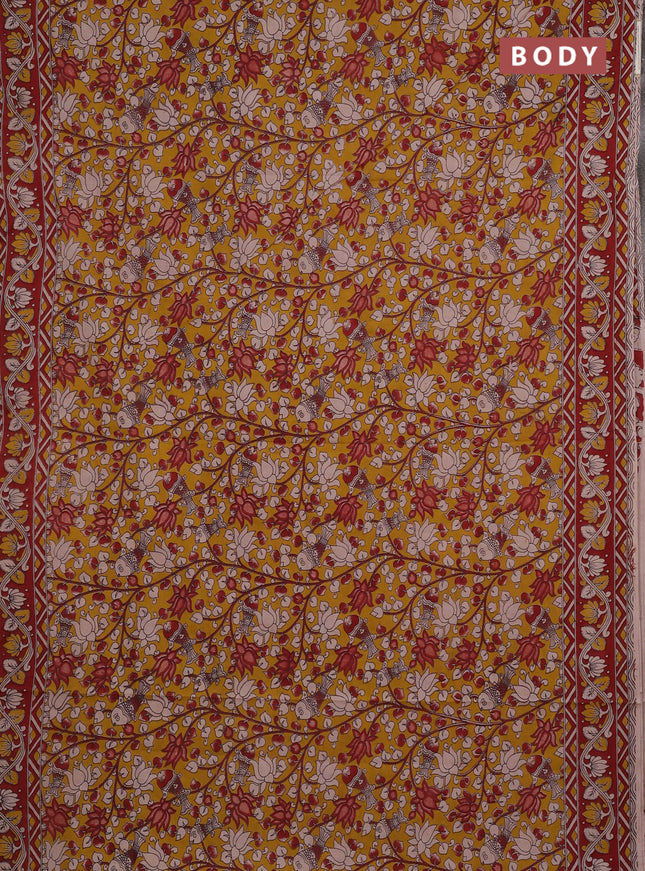 Kalamkari cotton saree mustard yellow and maroon with allover prints and printed border