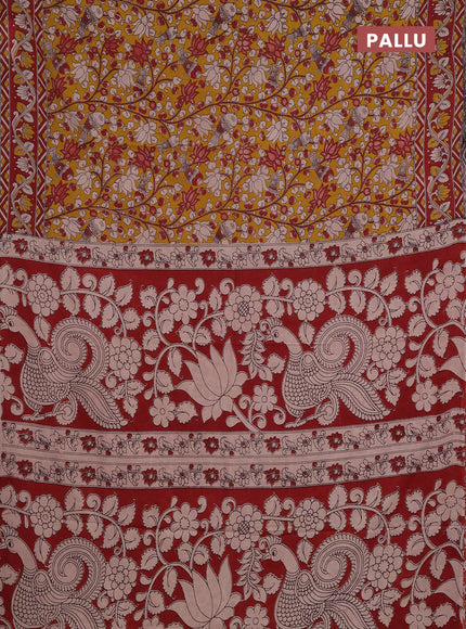 Kalamkari cotton saree mustard yellow and maroon with allover prints and printed border