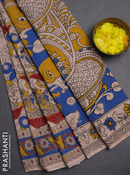 Kalamkari cotton saree beige and blue with allover prints and printed border
