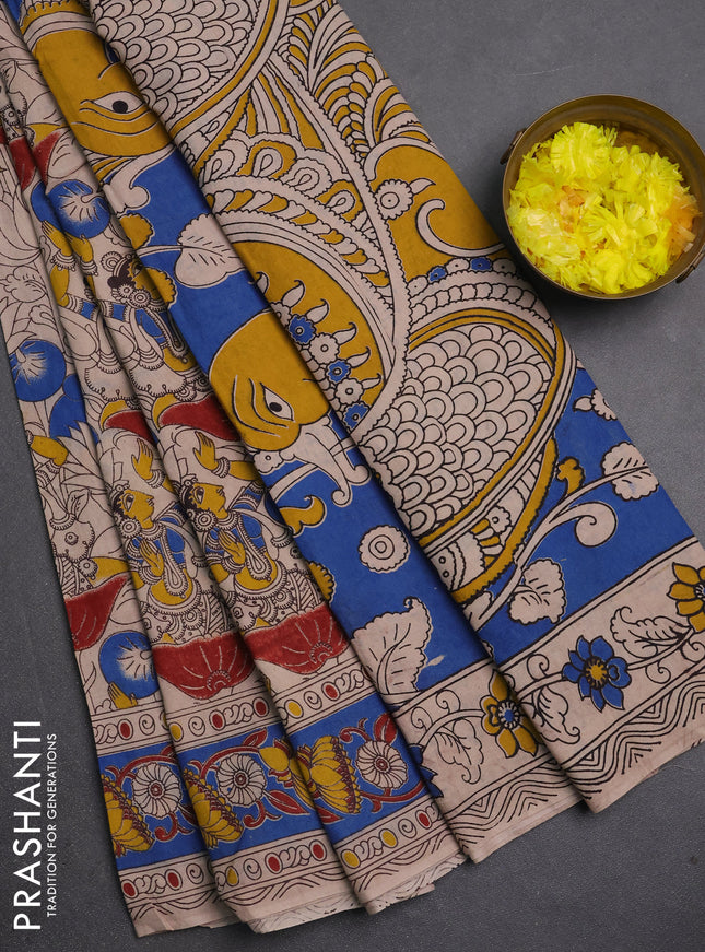 Kalamkari cotton saree beige and blue with allover prints and printed border