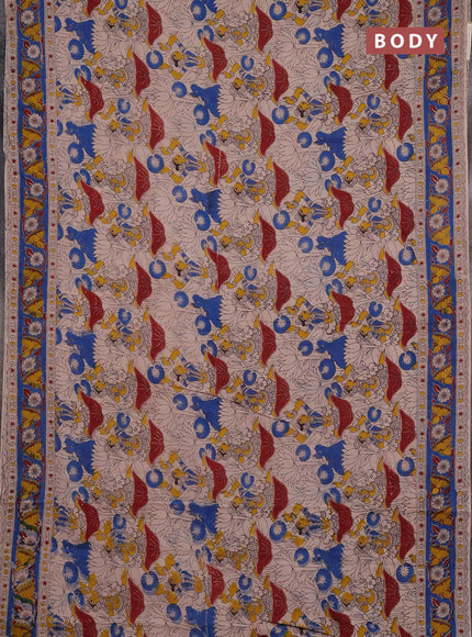 Kalamkari cotton saree beige and blue with allover prints and printed border
