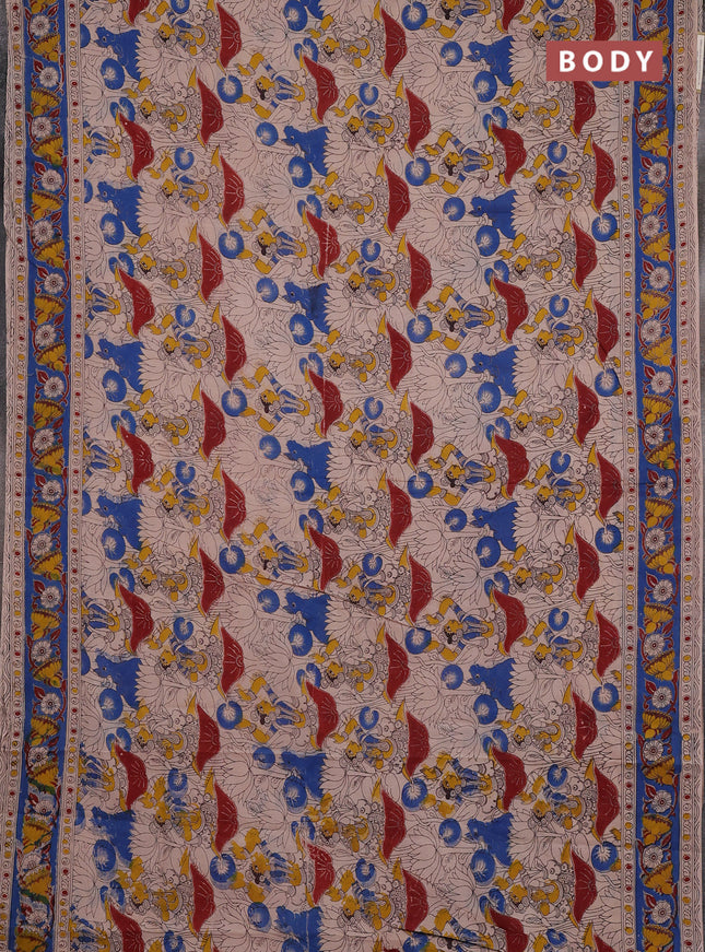 Kalamkari cotton saree beige and blue with allover prints and printed border