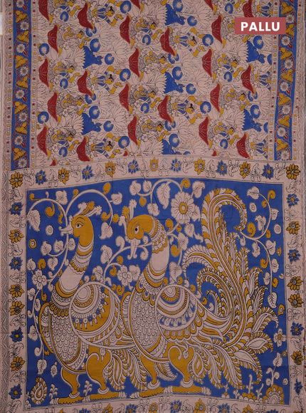 Kalamkari cotton saree beige and blue with allover prints and printed border