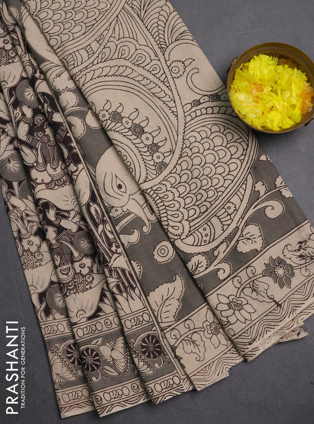 Kalamkari cotton saree beige black and grey with allover prints and printed border