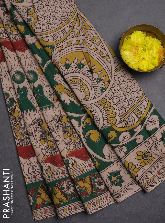 Kalamkari cotton saree beige and green with allover prints and printed border