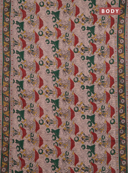 Kalamkari cotton saree beige and green with allover prints and printed border