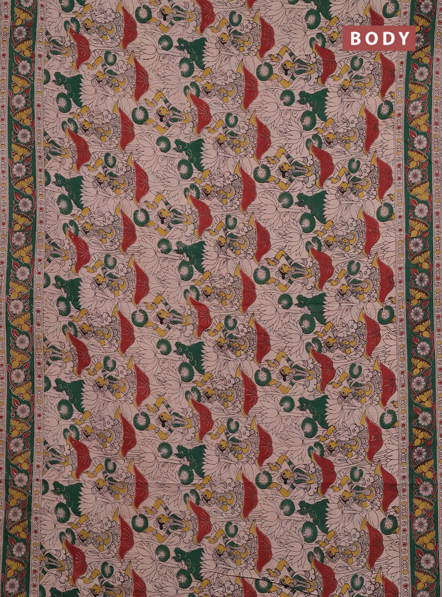 Kalamkari cotton saree beige and green with allover prints and printed border