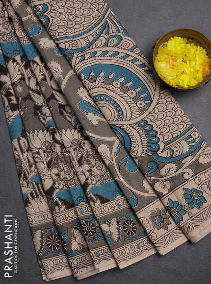 Kalamkari cotton saree beige black and grey with allover prints and printed border