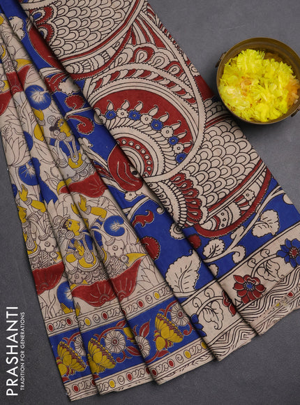 Kalamkari cotton saree beige and blue with allover prints and printed border